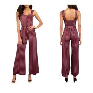 Free People City Girl Striped Red & Blue Wide-Leg Jumpsuit Button-Front Size 2